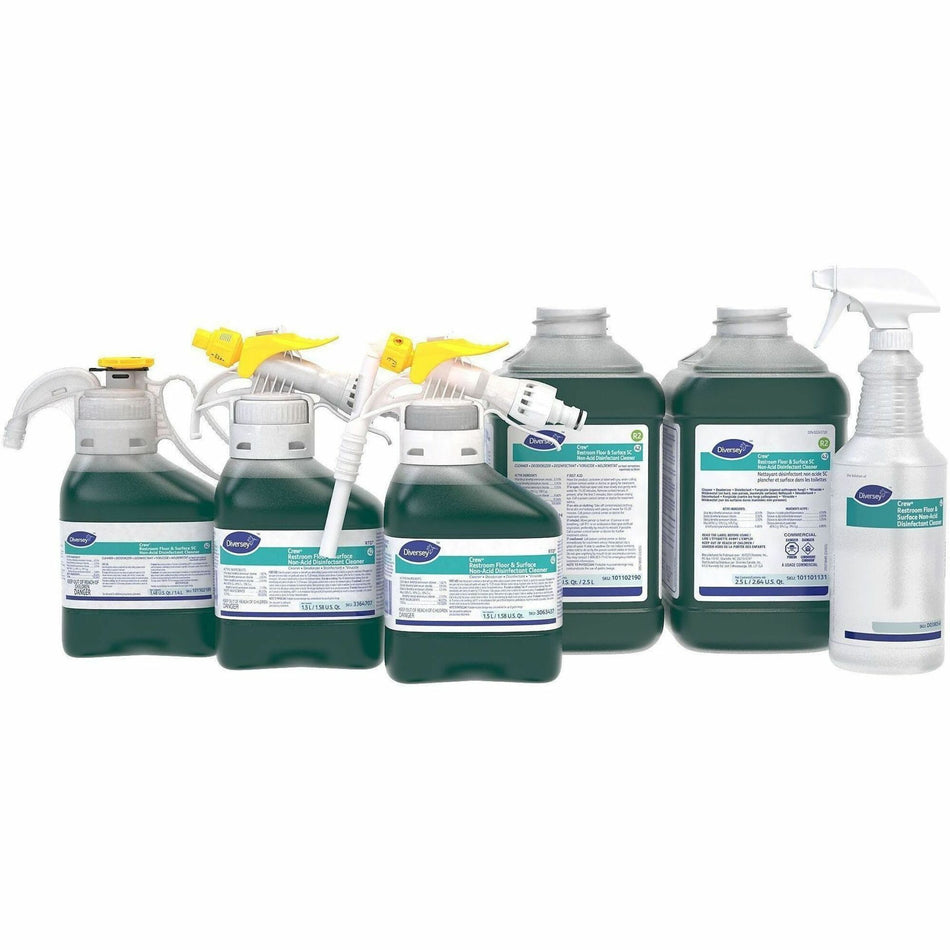 Diversey Crew Restroom Disinfectant Cleaner - For Multi Surface - Concentrate - Liquid - 50.7 fl oz (1.6 quart) - 7 pH - Fresh Scent - Cleanse, Deodorize, Disinfectant, Rinse-free, Virucidal - Green Spray - 2 / Carton