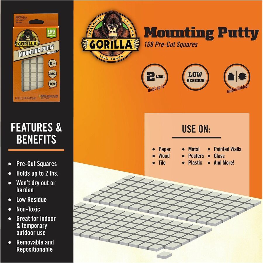 Gorilla Mounting Putty - Beige - For Indoor, Outdoor, Mounting, Paper, Wall, Wood, Tile, Metal, Glass - 168/Pack - 1 Each