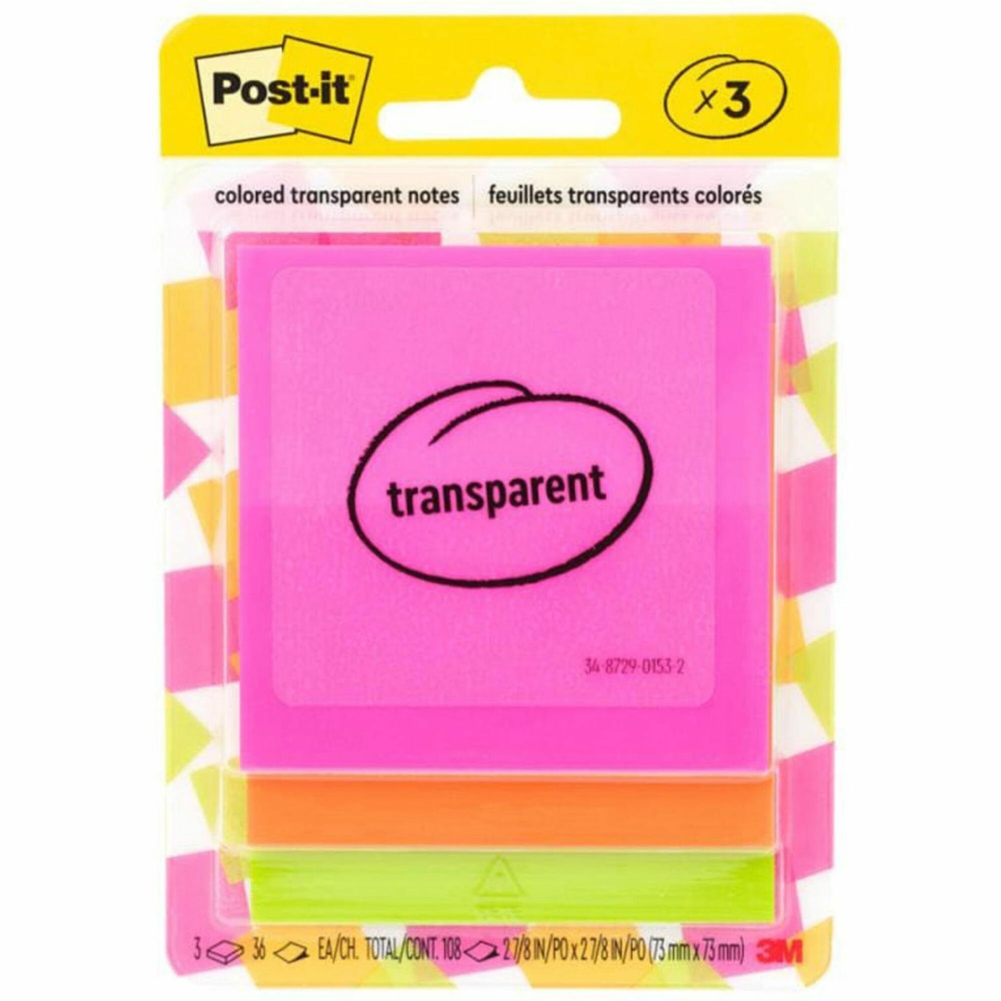 Post-it® Transparent Notes - 2 4/5" Flag/Note Width x 2 4/5" Flag/Note Length - Square - 36 Sheets per Pad - Pink, Green, Orange - Sticky, Repositionable, Adhesive, Removable - 3 / Pack