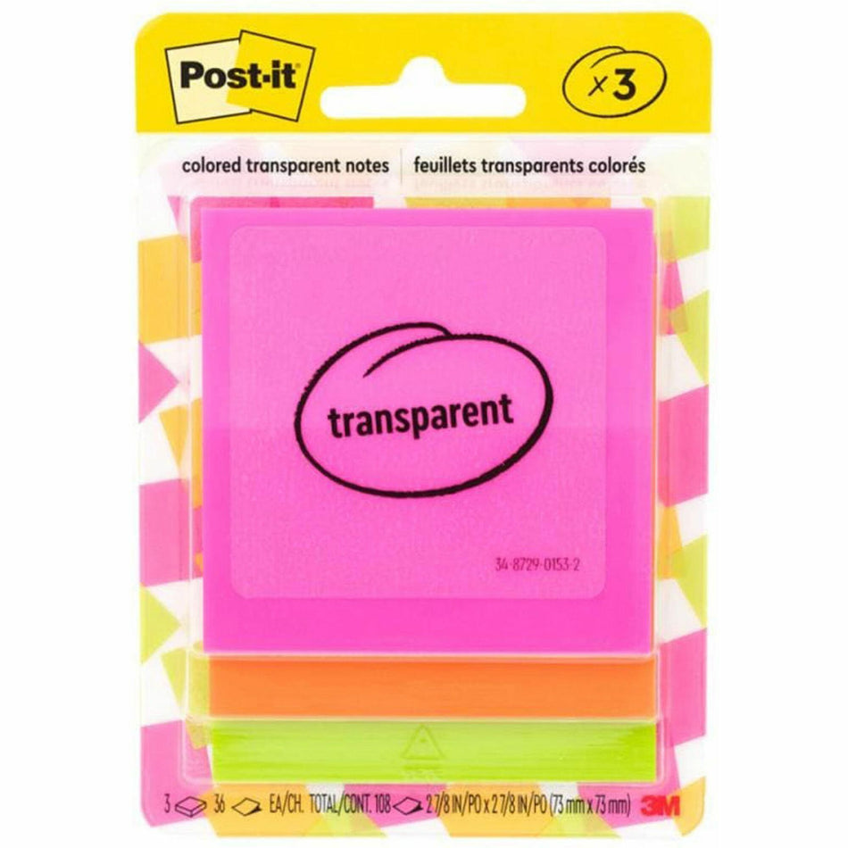 Post-it® Transparent Notes - 2 4/5" Flag/Note Width x 2 4/5" Flag/Note Length - Square - 36 Sheets per Pad - Pink, Green, Orange - Sticky, Repositionable, Adhesive, Removable - 3 / Pack