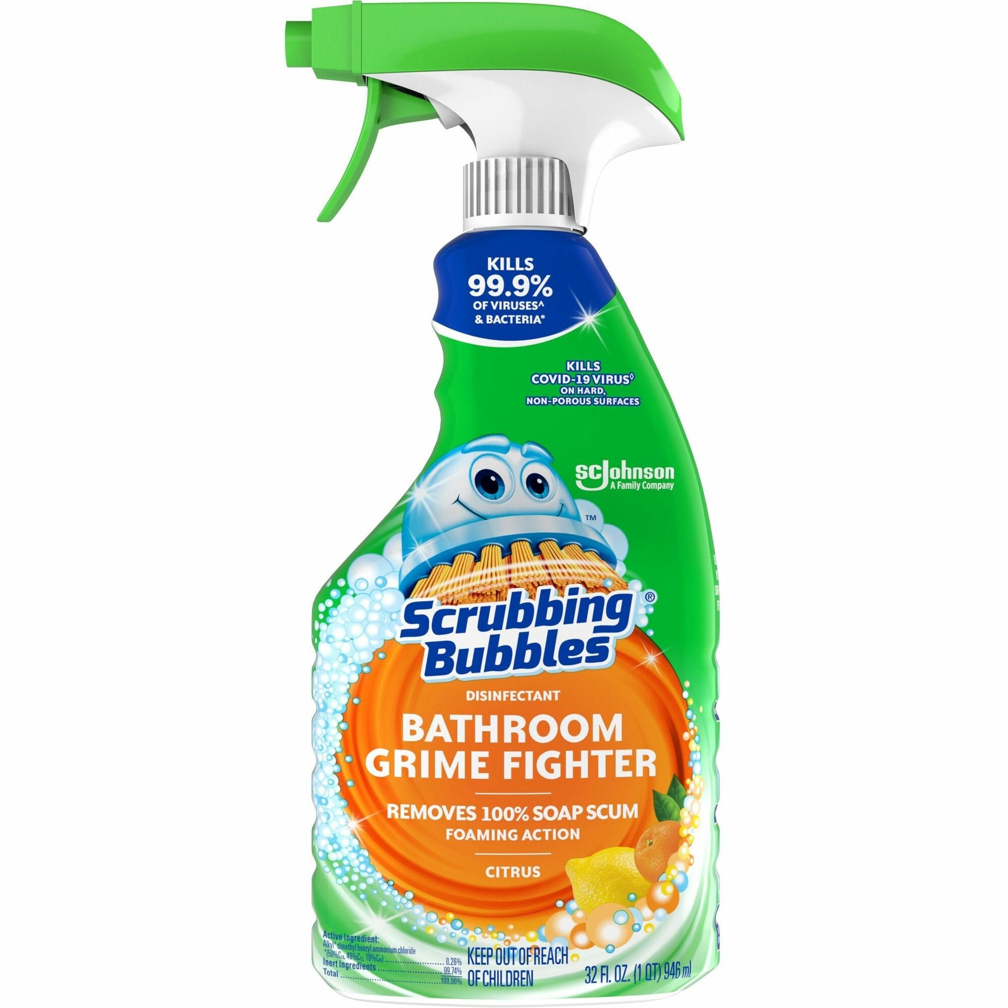 Scrubbing Bubbles® Grime Fighter Spray - For Multipurpose - Spray - 32 fl oz (1 quart) - Fresh Citrus Scent - Disinfectant, Pleasant Scent - Green - 8 / Carton