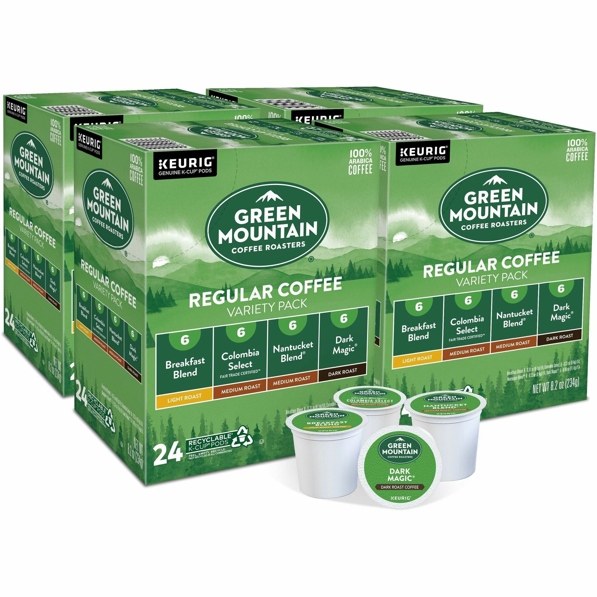 Green Mountain Coffee Roasters® K-Cup Regular Coffee Variety Pack - Compatible with Keurig Brewer - Light/Medium/Dark - Per Box - 24 K-Cup - K-Cup - Breakfast Blend, Columbian Fair Trade Select, Nantucket Blend, Dark Magic - 4 / Carton