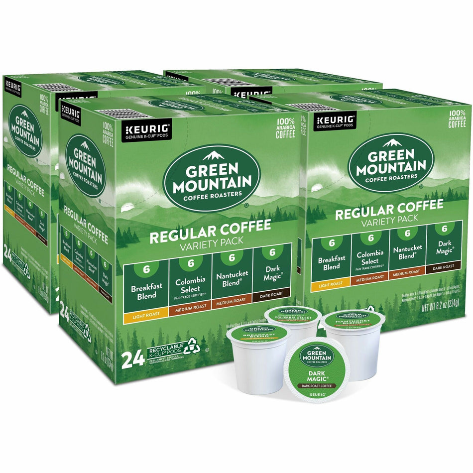 Green Mountain Coffee Roasters® K-Cup Regular Coffee Variety Pack - Compatible with Keurig Brewer - Light/Medium/Dark - Per Box - 24 K-Cup - K-Cup - Breakfast Blend, Columbian Fair Trade Select, Nantucket Blend, Dark Magic - 4 / Carton