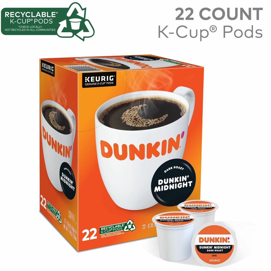 Dunkin'® K-Cup Midnight Coffee - Compatible with Keurig Brewer - Dark - 0.3 oz Per Box - 22 K-Cup - K-Cup - Dunkin' Midnight - Kosher - 4 / Carton