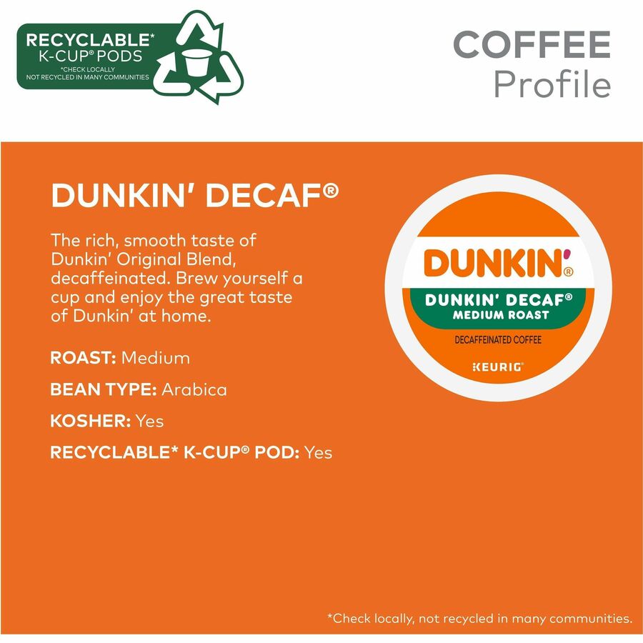 Dunkin'® K-Cup Decaf Coffee - Compatible with Keurig Brewer - Medium - 0.3 oz Per Box - 22 K-Cup - K-Cup - Decaf, Original Blend - Kosher - Decaffeinated - 4 / Carton