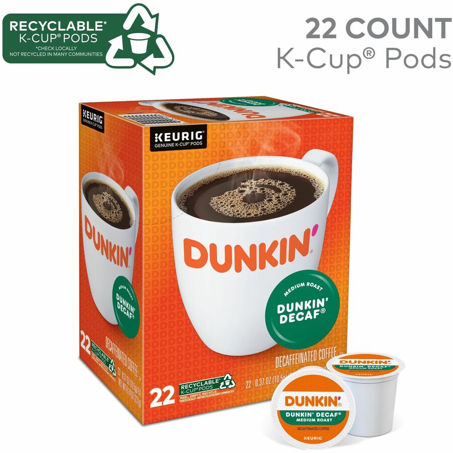 Dunkin'® K-Cup Decaf Coffee - Compatible with Keurig Brewer - Medium - 0.3 oz Per Box - 22 K-Cup - K-Cup - Decaf, Original Blend - Kosher - Decaffeinated - 4 / Carton