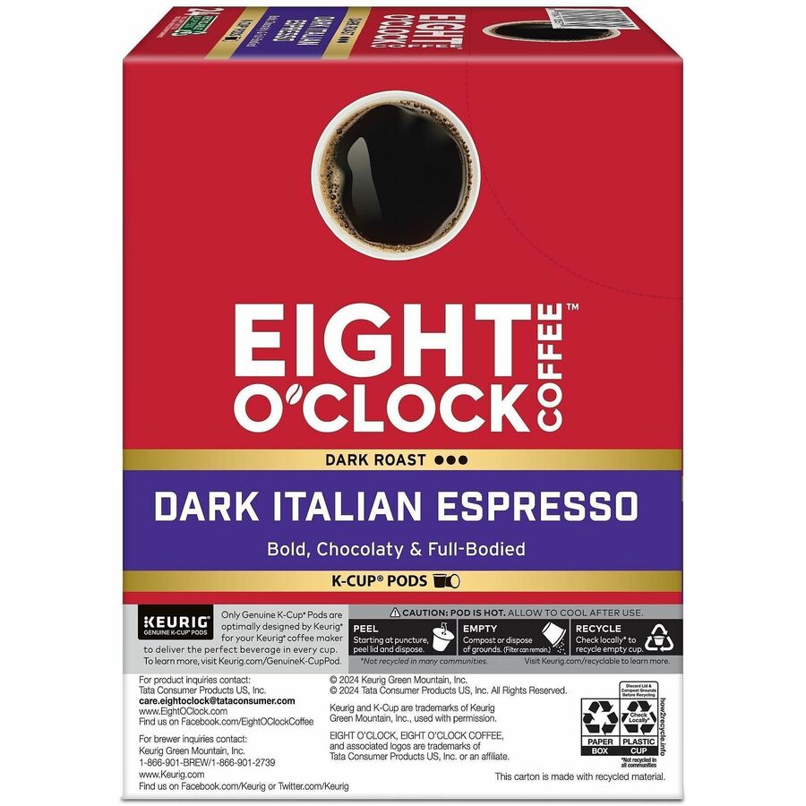 Eight O’Clock K-Cup Ground Dark Italian Espresso Coffee - Compatible with Keurig Brewer - Per Box - 24