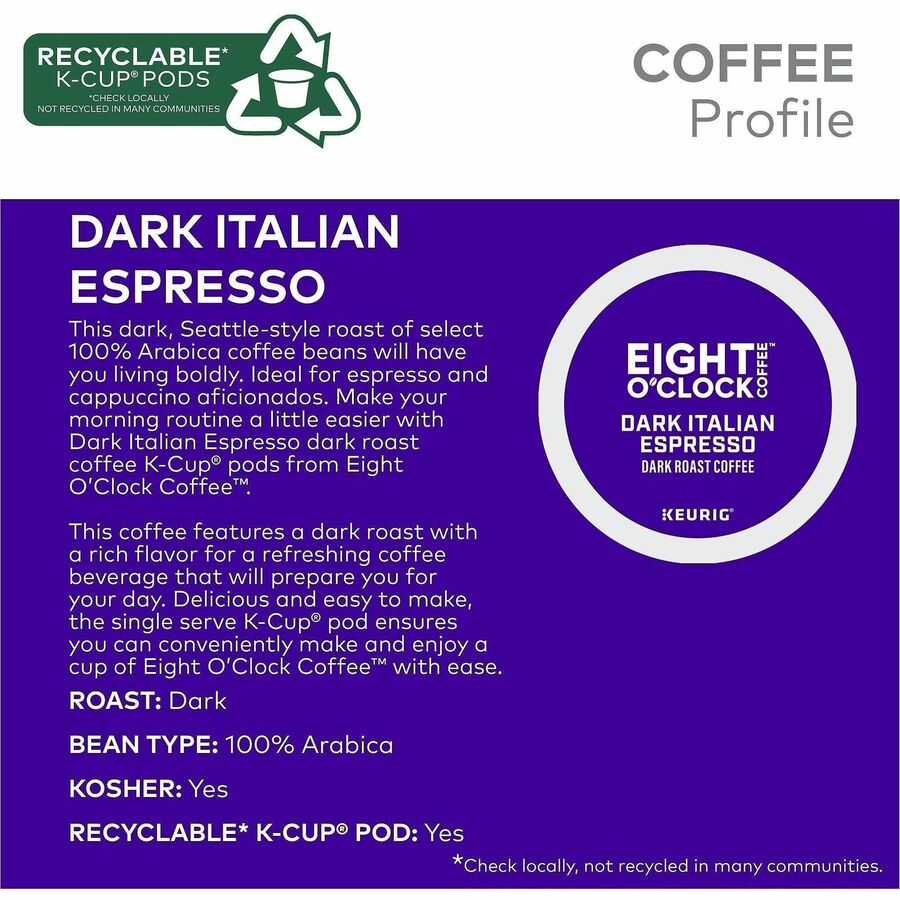 Eight O’Clock K-Cup Ground Dark Italian Espresso Coffee - Compatible with Keurig Brewer - Per Box - 24