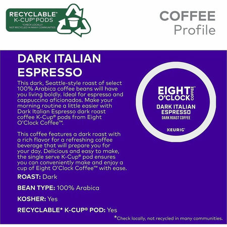 Eight O’Clock K-Cup Ground Dark Italian Espresso Coffee - Compatible with Keurig Brewer - Per Box - 24