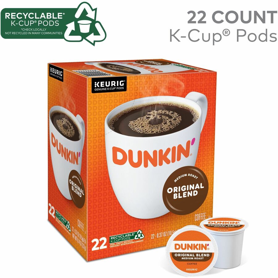 Dunkin'® K-Cup Original Blend Coffee - Compatible with Keurig Brewer - Medium - 0.3 oz Per Box - 22 K-Cup - K-Cup - Original Blend - Kosher - 4 / Carton