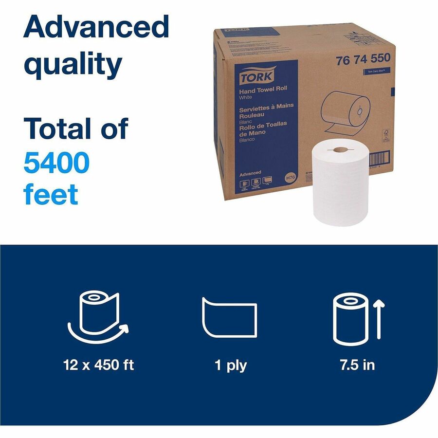 Tork H76 Hand Towel Rolls - 1 Ply - 5.85" Roll Diameter - 1 59/64" Core - White - Wood Fiber, Paper - 12 / Case