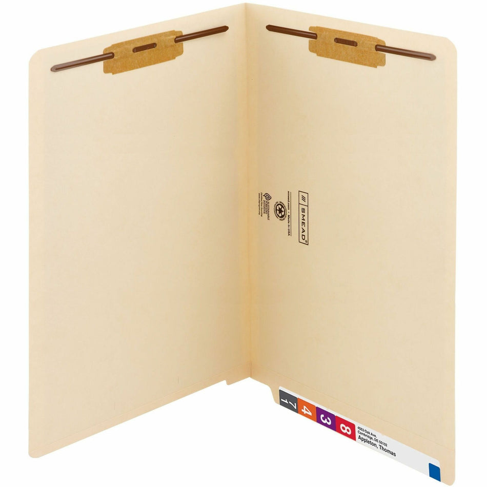 Smead Straight Tab Cut Legal Recycled Fastener Folder - 8 1/2" x 14" - 3/4" Expansion - 2 x 2B Fastener(s) - 2" for Folder - End Tab Location - 11 pt. - 2 Plys - Manila - Embossed - 10% Recycled - 50 / Box