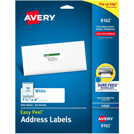 Avery®  Easy Peel White Inkjet Mailing Labels - 1 21/64" Width x 4" Length - Permanent Adhesive - Rectangle - Inkjet - White - Paper - 14 / Sheet - 25 Total Sheets - 350 Total Label(s) - 350 / Pack