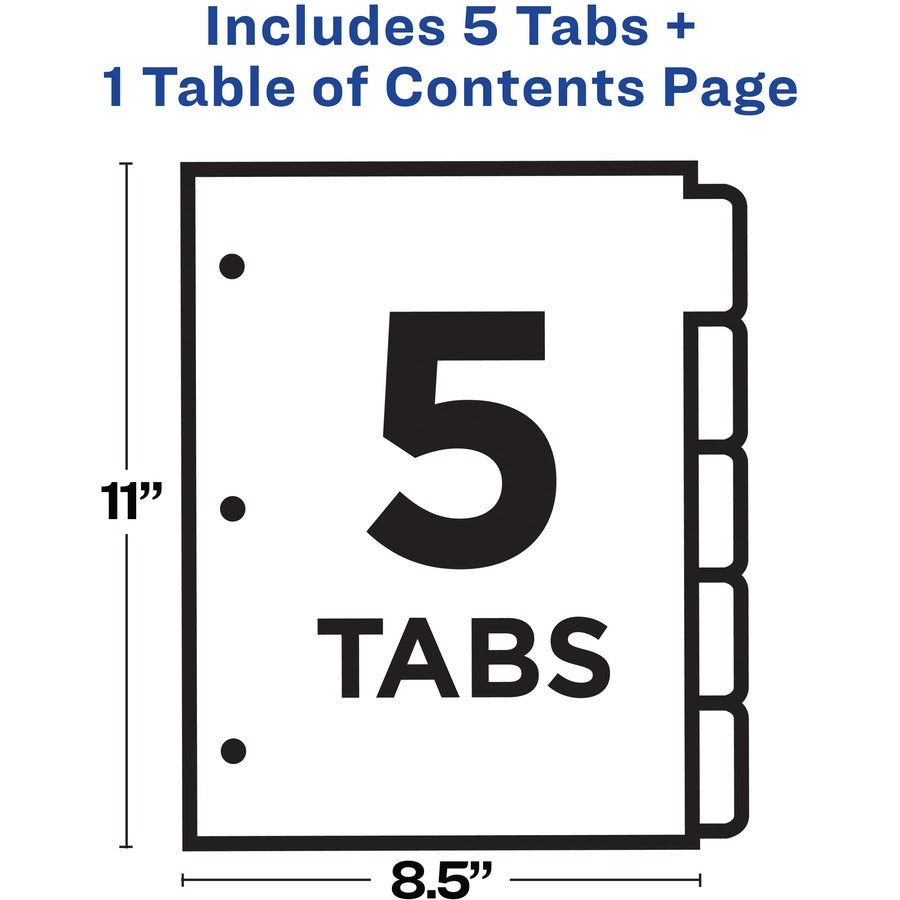 Avery® Ready Index® Table of Contents Dividersfor Laser and Inkjet Printers - 5 x Divider(s) - 1-5 - 5 Tab(s)/Set - 8.5" Divider Width x 11" Divider Length - 3 Hole Punched - White Paper Divider - White Paper Tab(s) - 20% Recycled - 5 / Set