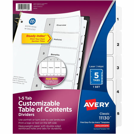 Avery® Ready Index® Table of Contents Dividersfor Laser and Inkjet Printers - 5 x Divider(s) - 1-5 - 5 Tab(s)/Set - 8.5" Divider Width x 11" Divider Length - 3 Hole Punched - White Paper Divider - White Paper Tab(s) - 20% Recycled - 5 / Set