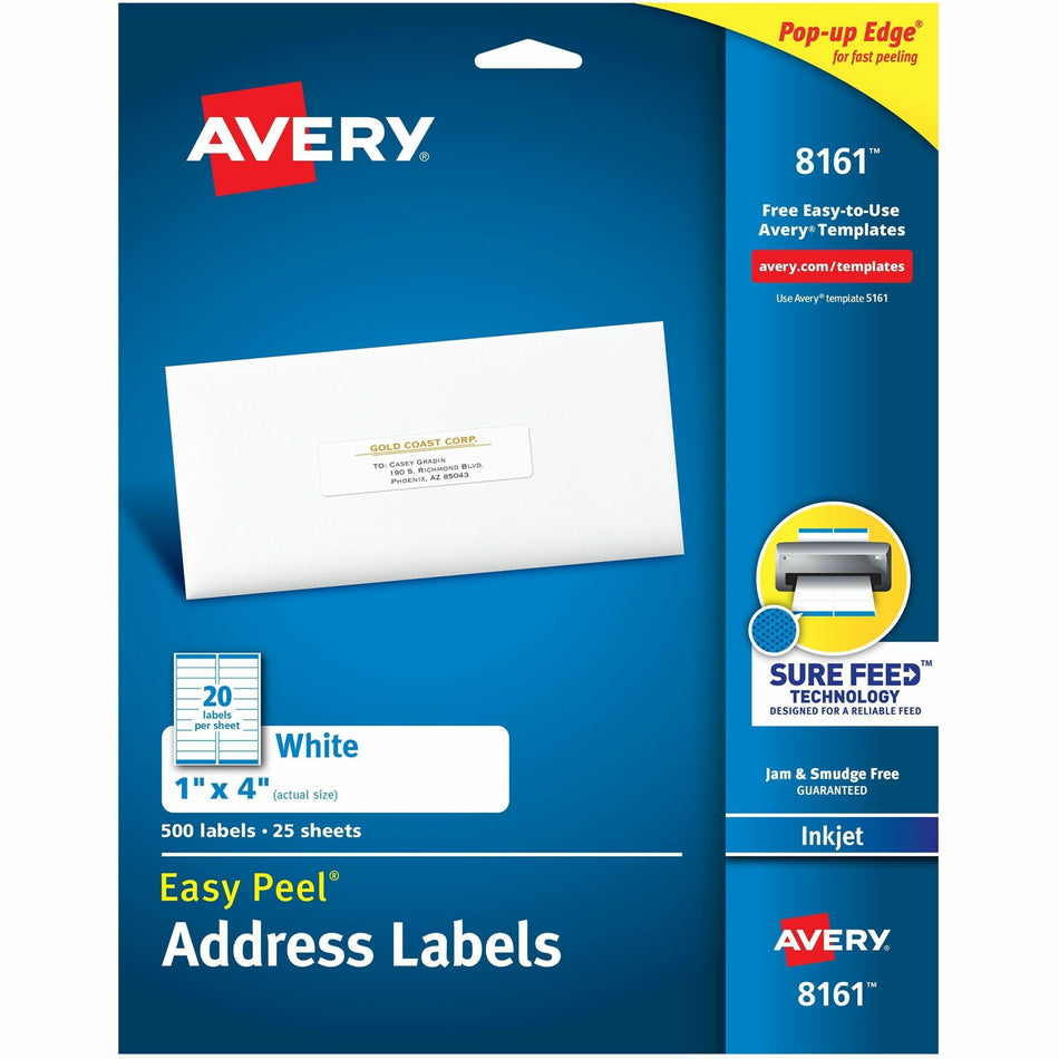 Avery®  Easy Peel White Inkjet Mailing Labels - 1" Width x 4" Length - Permanent Adhesive - Rectangle - Inkjet - White - Paper - 20 / Sheet - 25 Total Sheets - 500 Total Label(s) - 500 / Pack