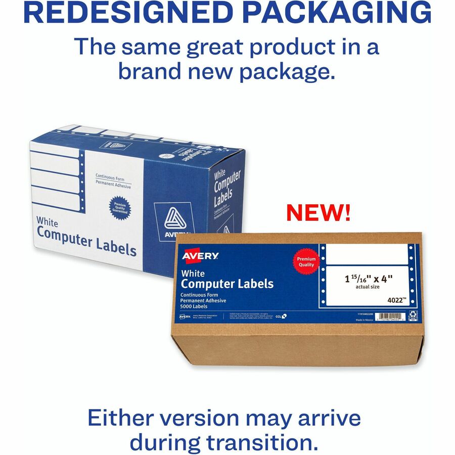 Avery®  Address Label - 1 15/16" Width x 4" Length - Permanent Adhesive - Dot Matrix - White - Permanent Adhesive, Stick & Stay - 1 / Sheet - 5000 Total Label(s) - 5000 / Box