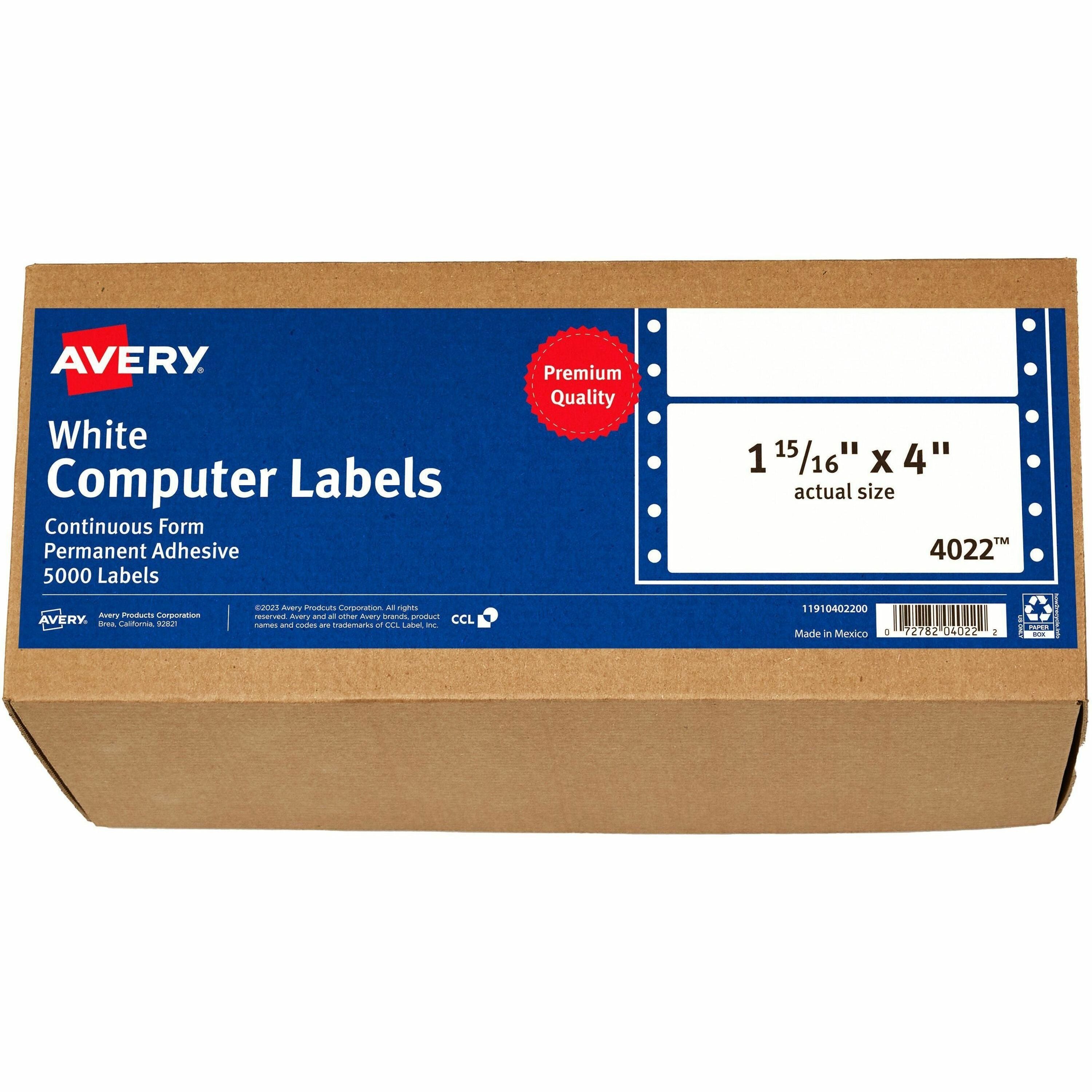 Avery®  Address Label - 1 15/16" Width x 4" Length - Permanent Adhesive - Dot Matrix - White - Permanent Adhesive, Stick & Stay - 1 / Sheet - 5000 Total Label(s) - 5000 / Box