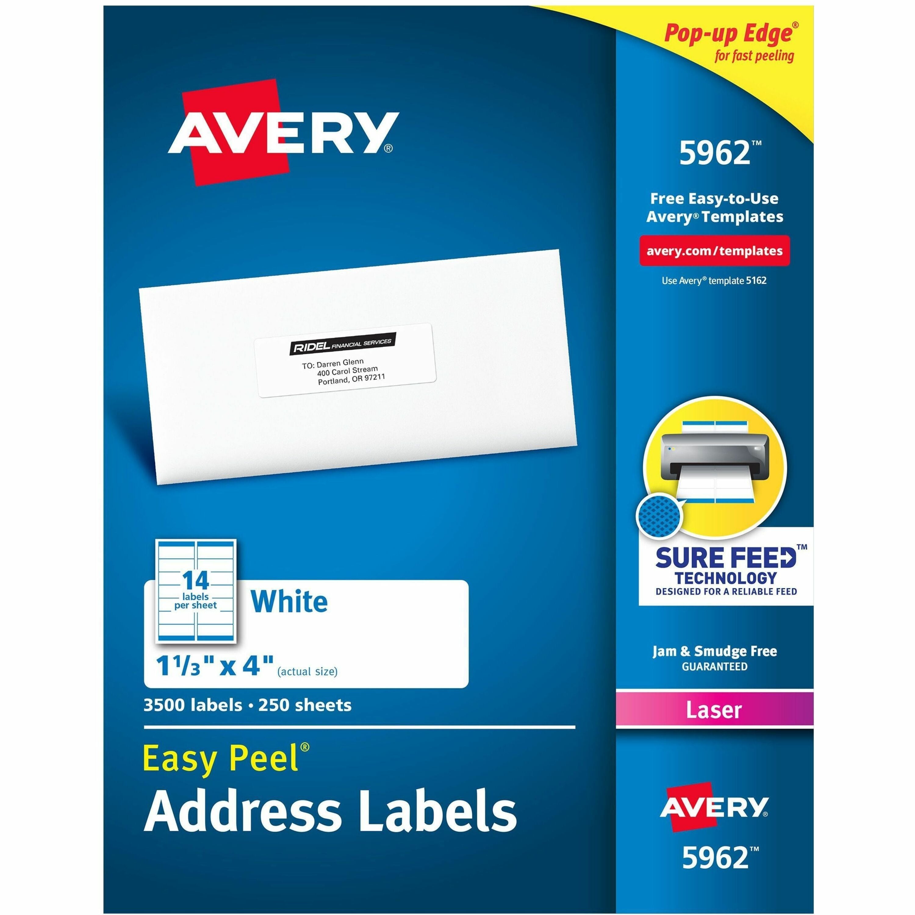 Avery®  Easy Peel Mailing Laser Labels - 1 21/64" Width x 4" Length - Permanent Adhesive - Rectangle - Laser - White - Paper - 14 / Sheet - 250 Total Sheets - 3500 Total Label(s) - 3500 / Box