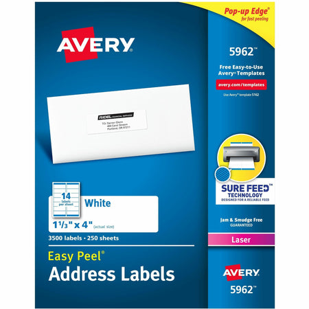 Avery®  Easy Peel Mailing Laser Labels - 1 21/64" Width x 4" Length - Permanent Adhesive - Rectangle - Laser - White - Paper - 14 / Sheet - 250 Total Sheets - 3500 Total Label(s) - 3500 / Box