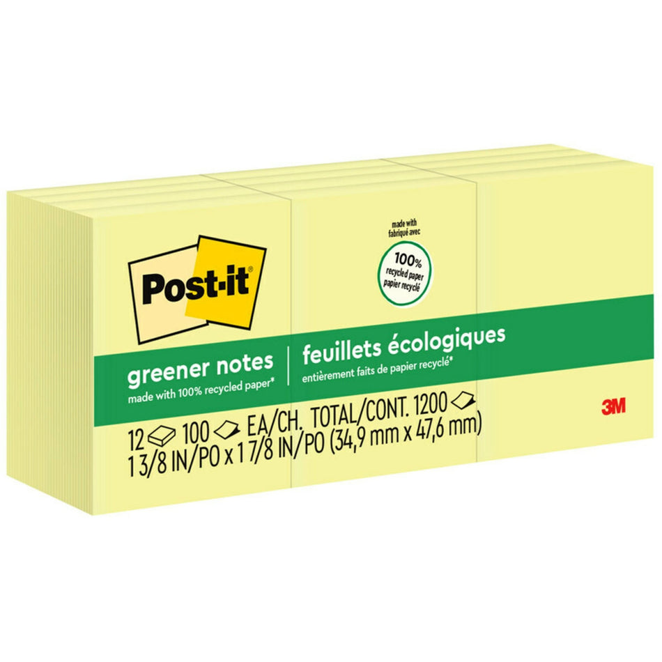 Post-it® Greener Notes - 1200 - 1 1/2" Flag/Note Width x 2" Flag/Note Length - Rectangle - 100 Sheets per Pad - Unruled - Yellow - Paper - Self-adhesive, Repositionable - Recycled - 12 / Pack