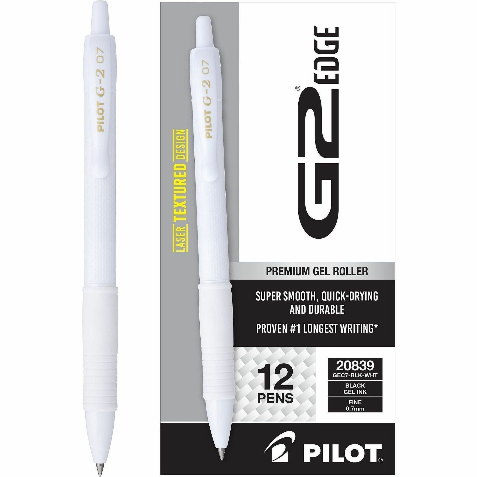 G2 Edge Gel Pen - 0.7 mm Fine Pen Point - Refillable - Retractable - Black Ink - Gel-based - White Barrel - Tungsten Carbide Tip - Writing - 1 Dozen