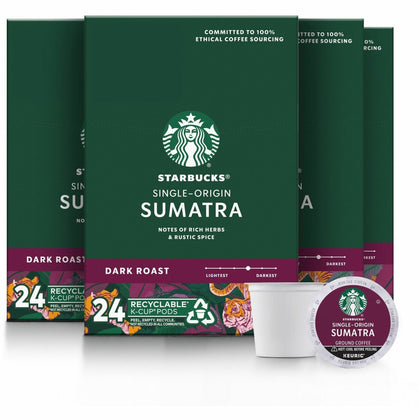 Starbucks Sumatra Blend Coffee K-Cups - Dark Roast - 24 K-Cup Pack - 4 Carton
