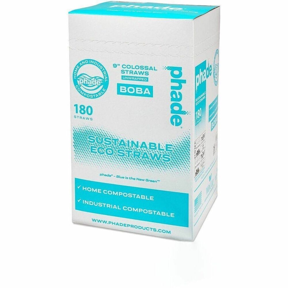 Phade Compostable Straws - 9" Height x - Polyhydroxyalkanoate (PHA) - Caribbean Blue - 180 / Box