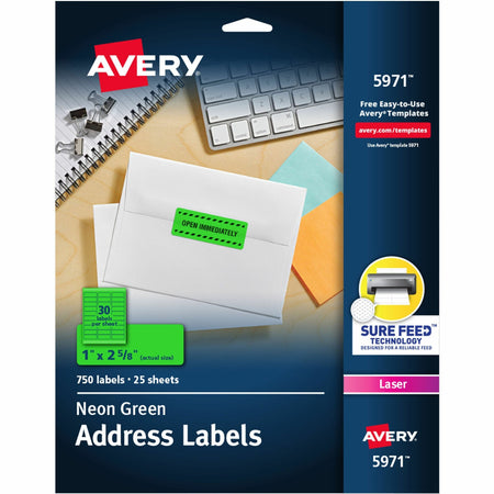 Avery®  Shipping Labels - 1" Width x 2 5/8" Length - Permanent Adhesive - Rectangle - Laser - Neon Green - Paper - 30 / Sheet - 25 Total Sheets - 750 Total Label(s) - 750 / Pack