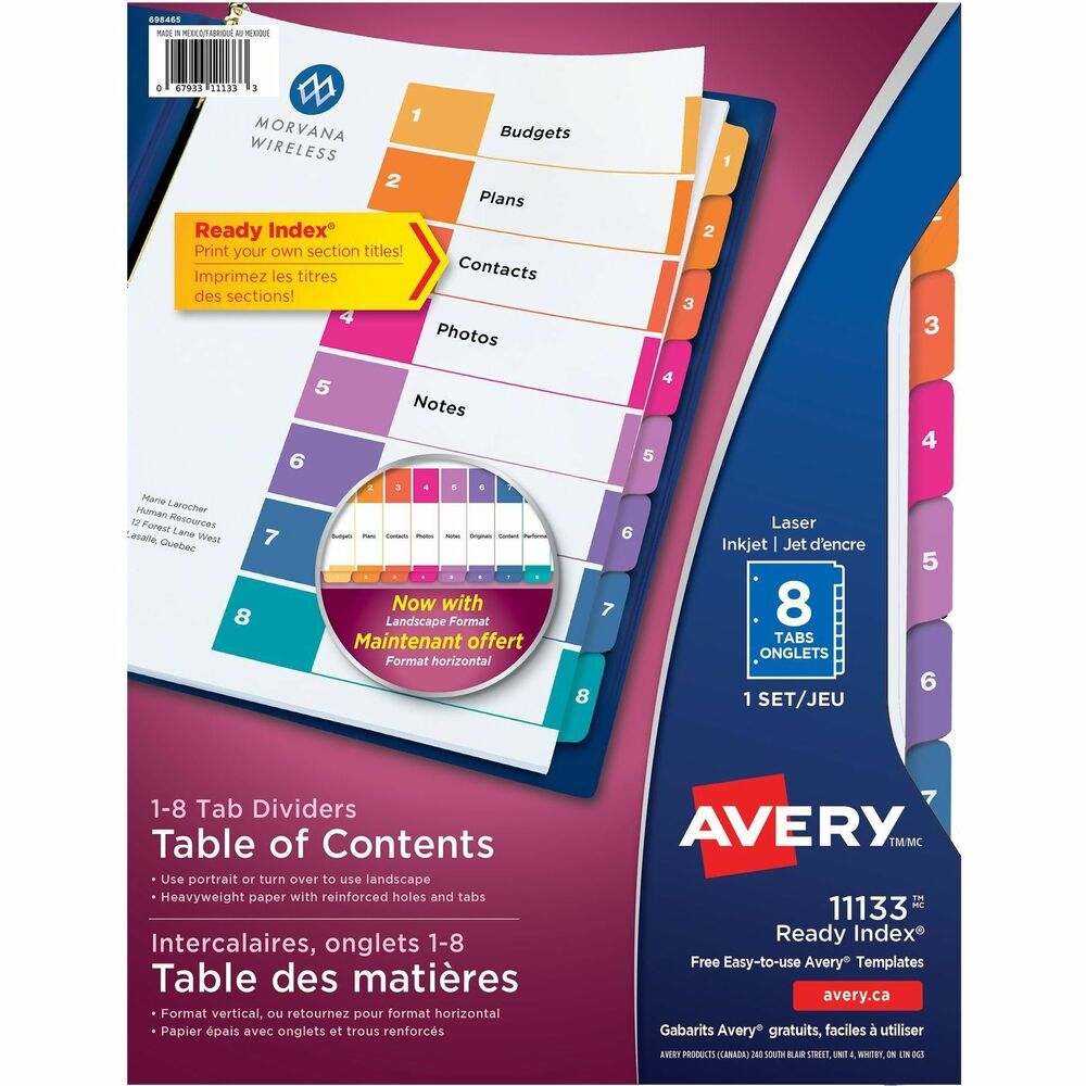 Avery® Ready Index® Table of Content Dividersfor Laser and Inkjet Printers - 8 x Divider(s) - 1-8 - 8 Tab(s)/Set - 8.5" Divider Width x 11" Divider Length - 3 Hole Punched - White Paper Divider - Multicolor Paper Tab(s) - 20% Recycled - 8 / Set