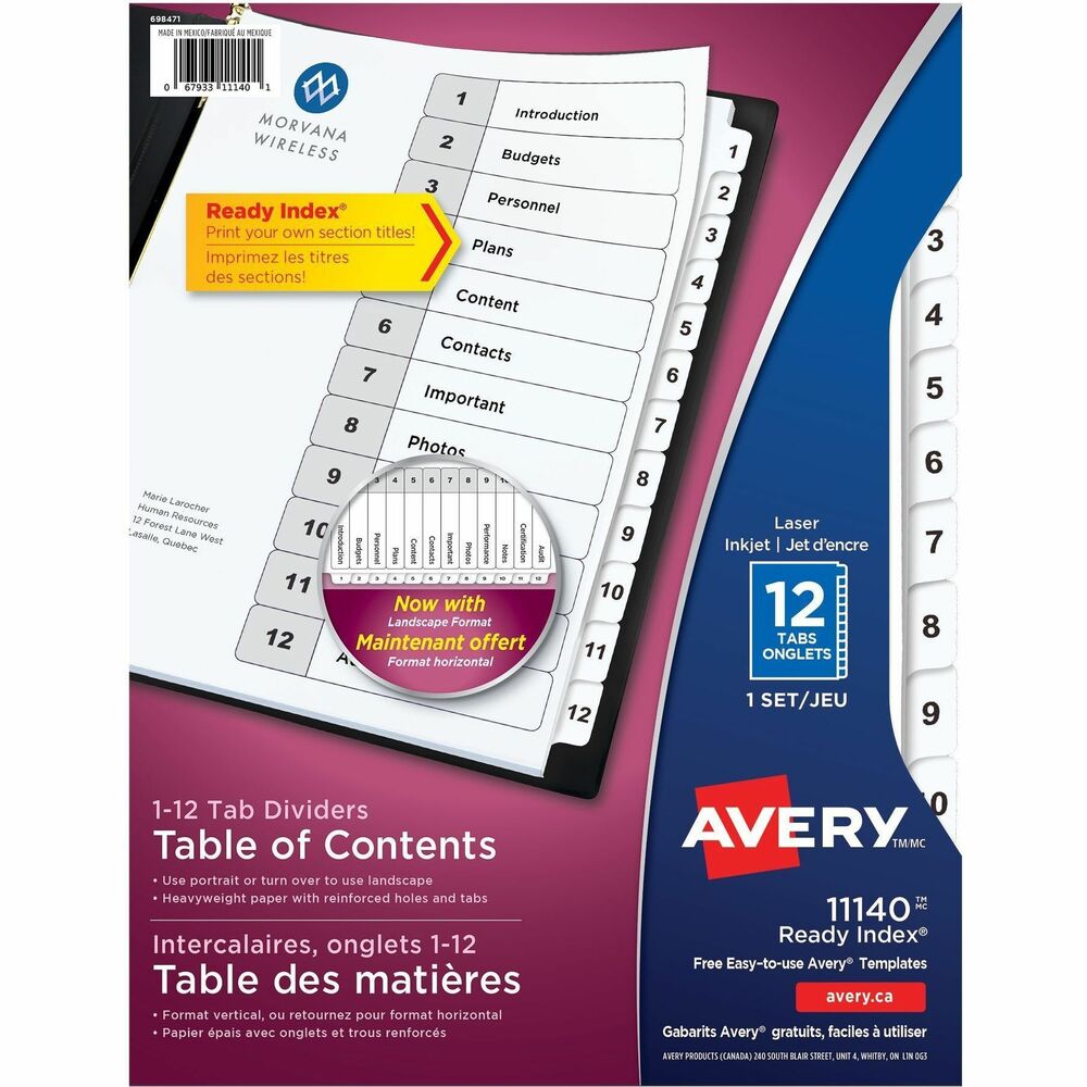 Avery® Ready Index® Table of Content Dividers for Laser and Inkjet Printers, 12 tabs - 12 x Divider(s) - 1-12 - 12 Tab(s)/Set - 8.5" Divider Width x 11" Divider Length - 3 Hole Punched - White Paper Divider - White Paper Tab(s) - 12 / Set