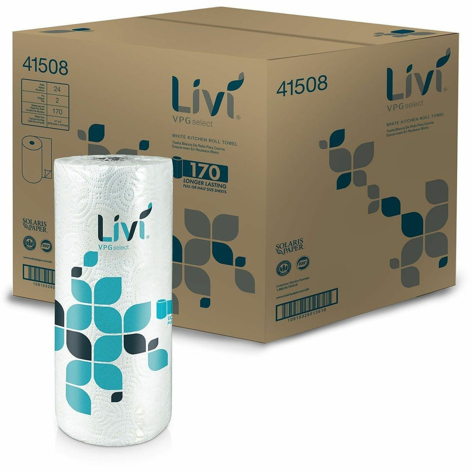 Livi VPG Select Kitchen Paper Towels - 2 Ply - 170 Sheets/Roll - 1.77" Core - Wheel Embossed - Bright White - Paper, FiberRoll - 170 Towels/Roll - 24 / Carton
