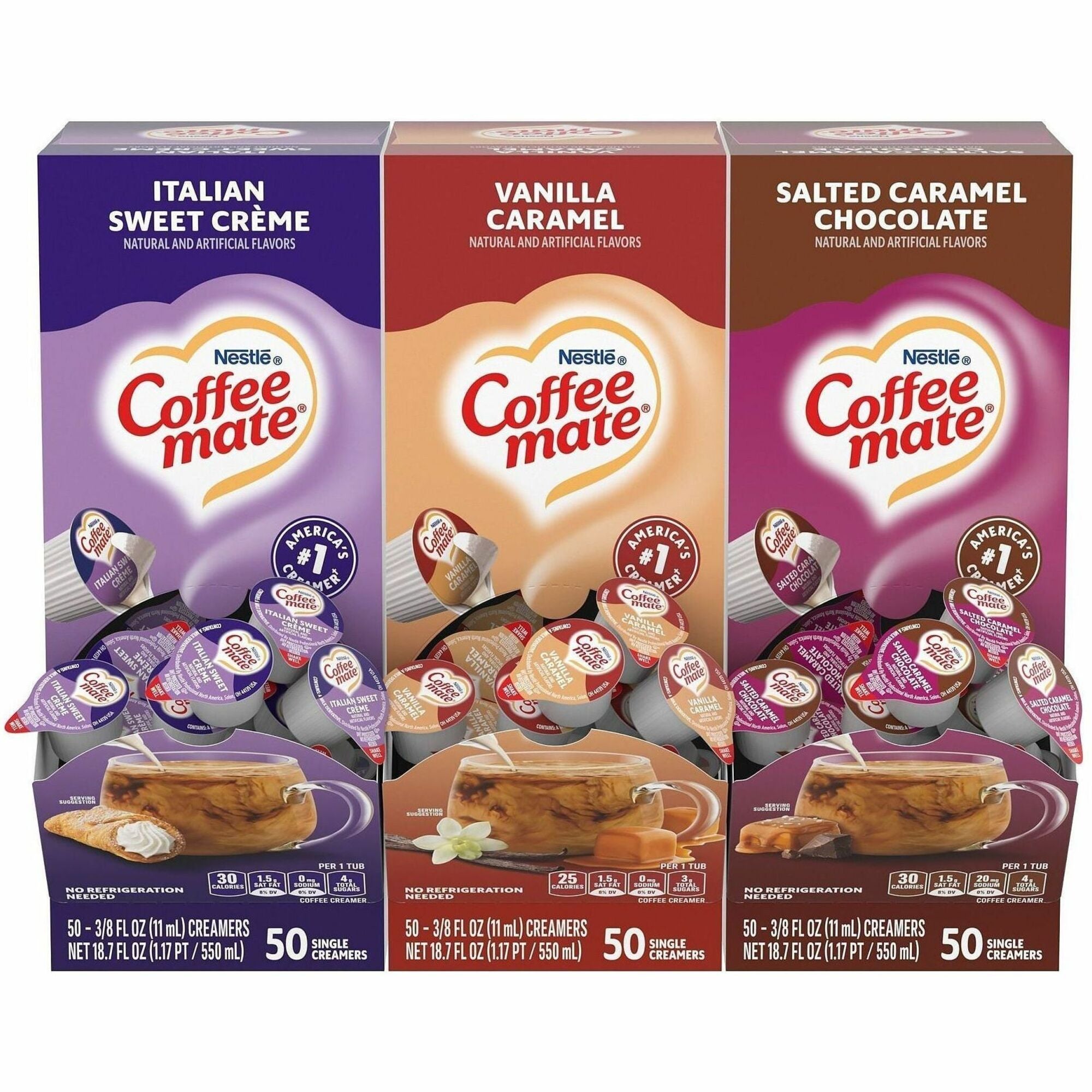 Coffee mate Liquid Creamer Singles - Italian Sweet Creme, Salted Caramel Chocolate, Vanilla Caramel, Rich Gelato Flavor - 8 fl oz (237 mL) - 1 Serving - 150 Singles/Pack - 3 / Carton