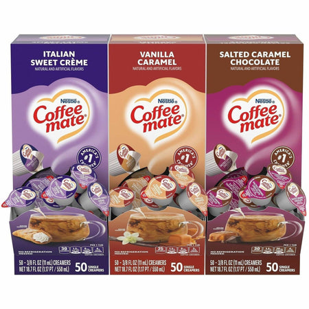 Coffee mate Liquid Creamer Singles - Italian Sweet Creme, Salted Caramel Chocolate, Vanilla Caramel, Rich Gelato Flavor - 8 fl oz (237 mL) - 1 Serving - 150 Singles/Pack - 3 / Carton