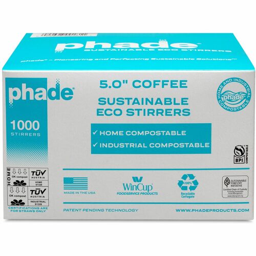 Phade 5" Eco-Stirrers - 5" Length - Polyhydroxyalkanoate (PHA) - Caribbean Blue - 1000/Box - 6 / Carton