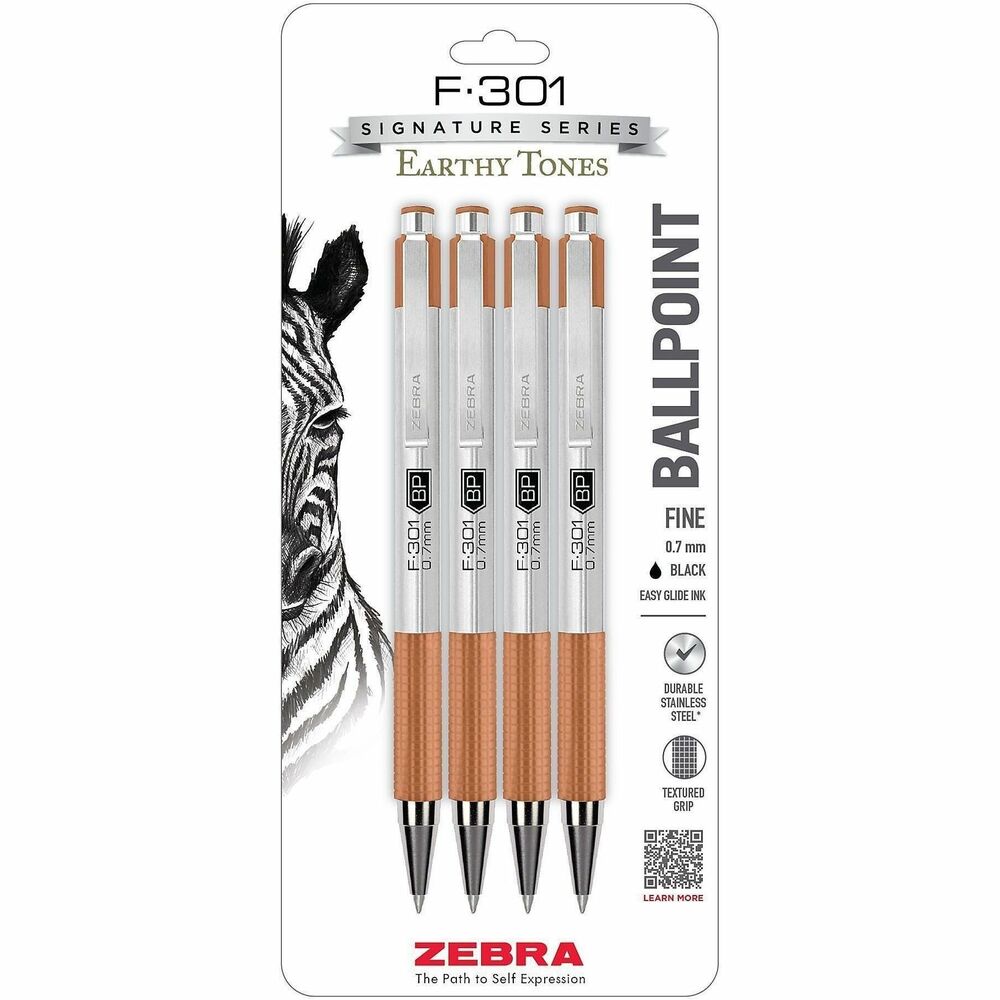 Zebra Pen F-301 EarthyTones Retractable Ballpoint Pens - 0.7 mm Fine Pen Point - Refillable - Retractable - Black Ink - Terracota Stainless Steel Barrel - School, Journaling, Writing - 4 / Pack
