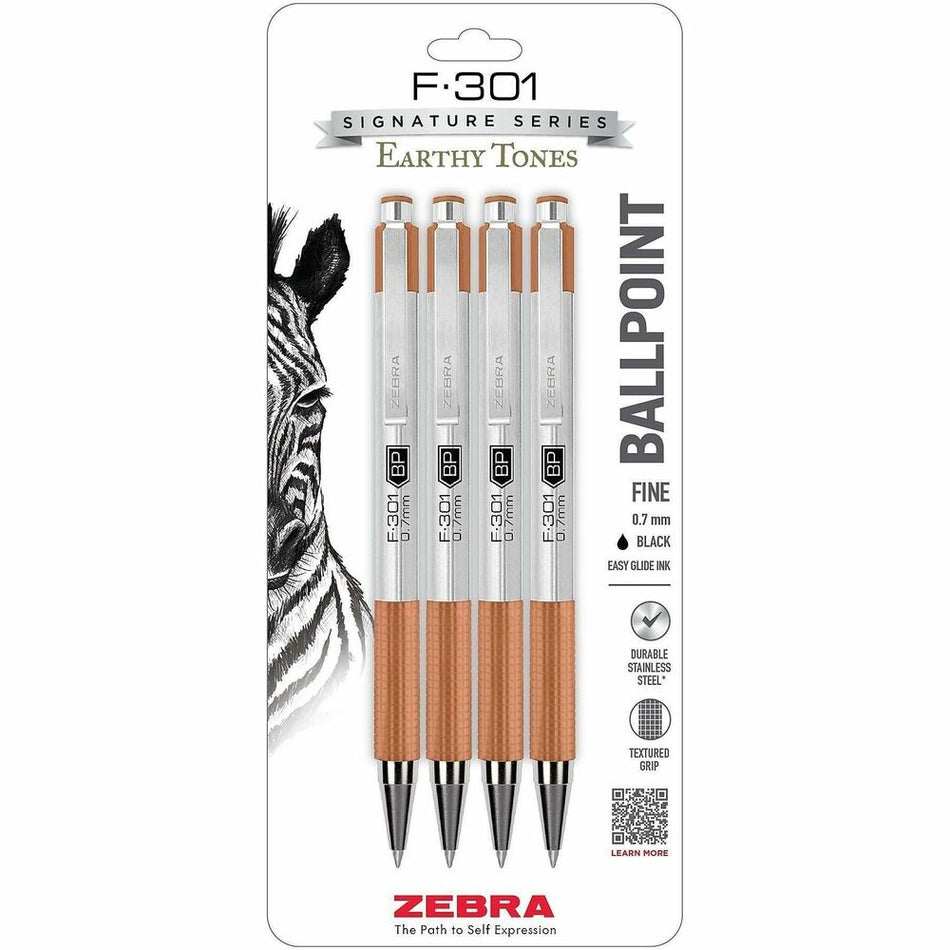 Zebra Pen F-301 EarthyTones Retractable Ballpoint Pens - 0.7 mm Fine Pen Point - Refillable - Retractable - Black Ink - Terracota Stainless Steel Barrel - School, Journaling, Writing - 4 / Pack