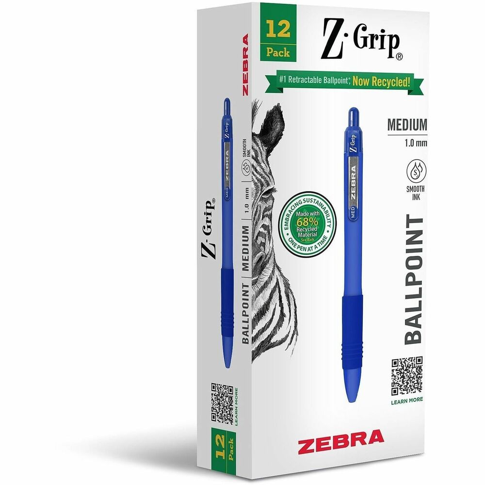 Zebra Pen Z-Grip Retractable Ballpoint Pens - Retractable - Blue Ink - School, Home, Journaling - 1 Dozen