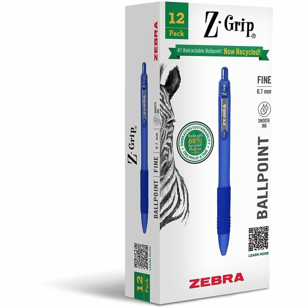 Zebra Pen Z-Grip Retractable Ballpoint Pens - Retractable - Blue Ink - School, Home, Journaling - 1 Dozen