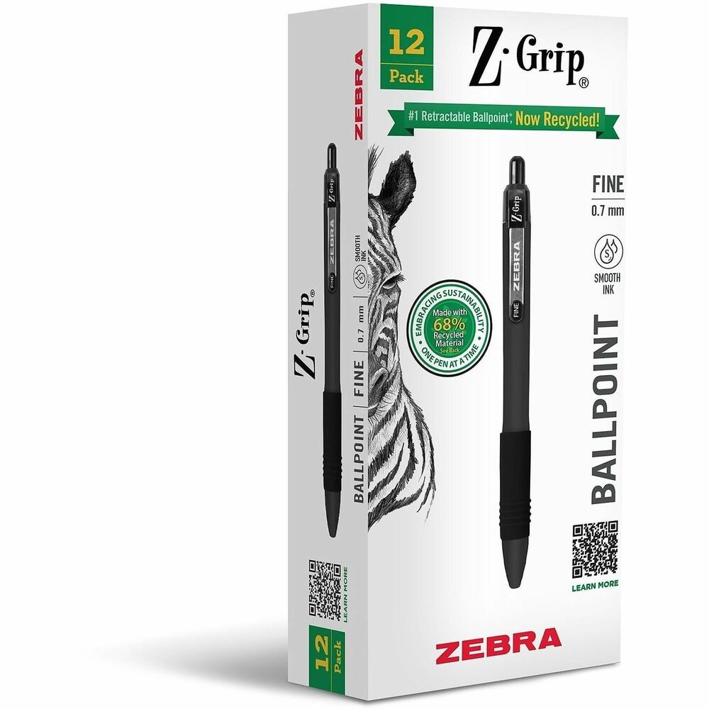 Zebra Pen Z-Grip Retractable Ballpoint Pens - Retractable - Black Ink - School, Home, Journaling - 1 Dozen