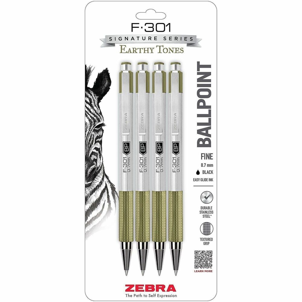 Zebra Pen F-301 EarthyTones Retractable Ballpoint Pens - Refillable - Retractable - Black Ink - Sage Stainless Steel Barrel - School, Journaling, Writing - 4 / Pack