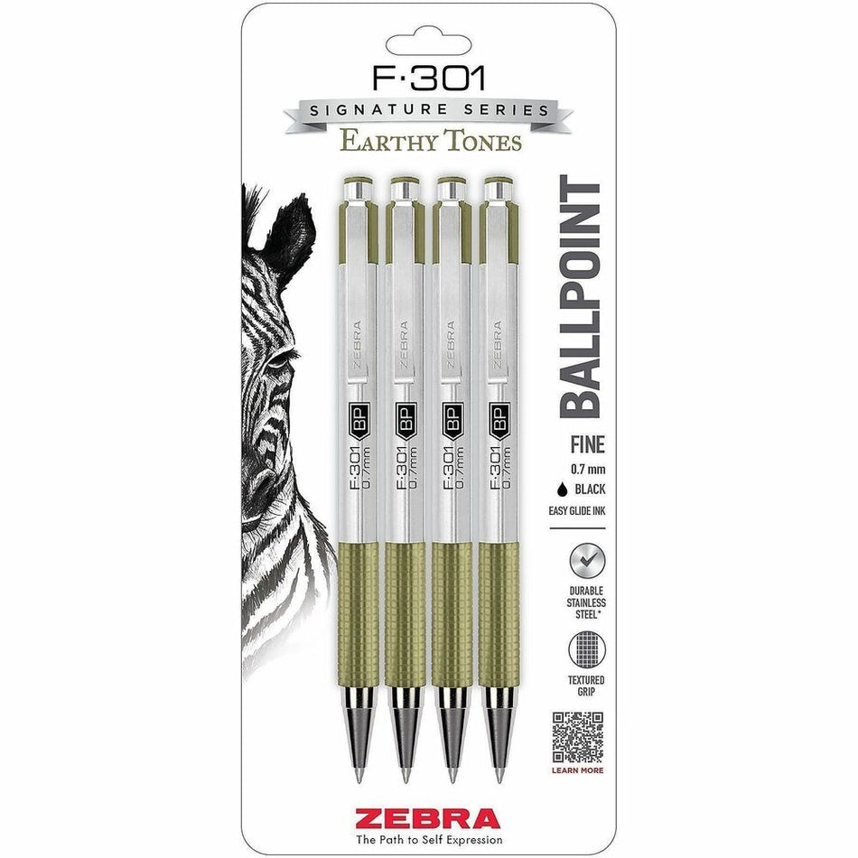 Zebra Pen F-301 EarthyTones Retractable Ballpoint Pens - Refillable - Retractable - Black Ink - Sage Stainless Steel Barrel - School, Journaling, Writing - 4 / Pack