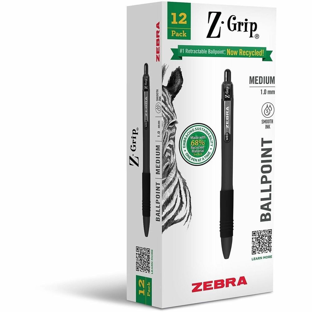 Zebra Pen Z-Grip Retractable Ballpoint Pens - Retractable - Black Ink - School, Home, Journaling - 1 Dozen