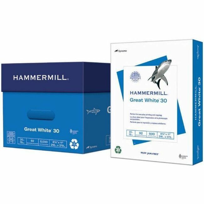 Hammermill Great White 30 Copy Paper - 92 Brightness - 88 Opacity - 11" x 17" - 20 lb Basis Weight - 75 g/m&#178; Grammage - Sustainable Forestry Initiative (SFI) - Acid-free, Jam-free - White - 500 - 5 / Carton