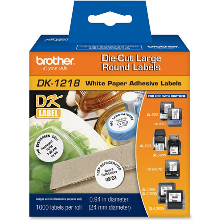 Brother DK1218/1219 Die-Cut Round Labels - 1" Length - Direct Thermal - White - 1000 / Roll - 1000 / Roll
