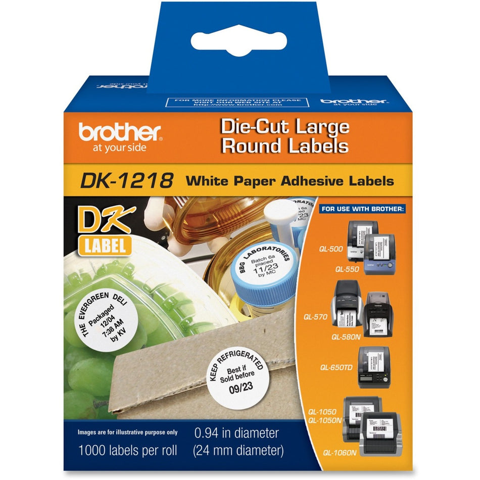 Brother DK1218/1219 Die-Cut Round Labels - 1" Length - Direct Thermal - White - 1000 / Roll - 1000 / Roll