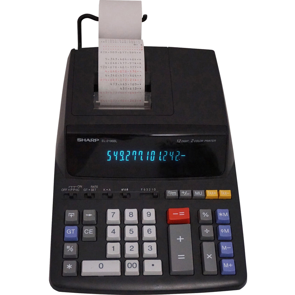 Sharp Calculators EL-2196BL 12-Digit Printing Calculator - 3.7 lps - Independent Memory, Sign Change, Backspace Key, Double Zero - AC Supply Powered - 3.1" Height x 8.7" Width x 12.9" Depth - Black - 1 Each