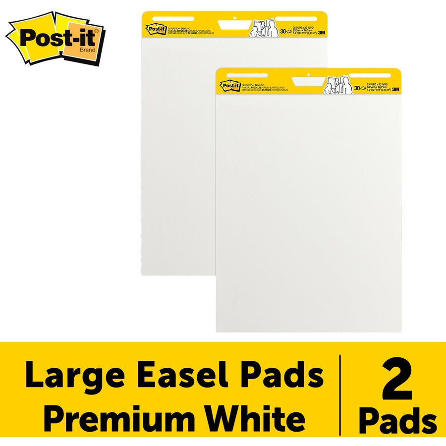 Post-it®  Self-Stick Easel Pads - 30 Sheets - Plain - Stapled - 18.50 lb Basis Weight - 25" x 30" Sheet Size - White Paper - Cardboard Cover - Self-adhesive, Repositionable, Resist Bleed-through, Removable, Sturdy Back - 2 / Carton