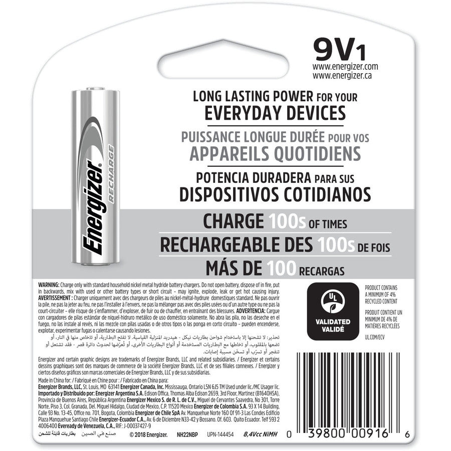 Energizer 9-Volt Recharge Batteries - For Multipurpose - Battery Rechargeable - 9V - 175 mAh - 8.4 V DC - 1 Each