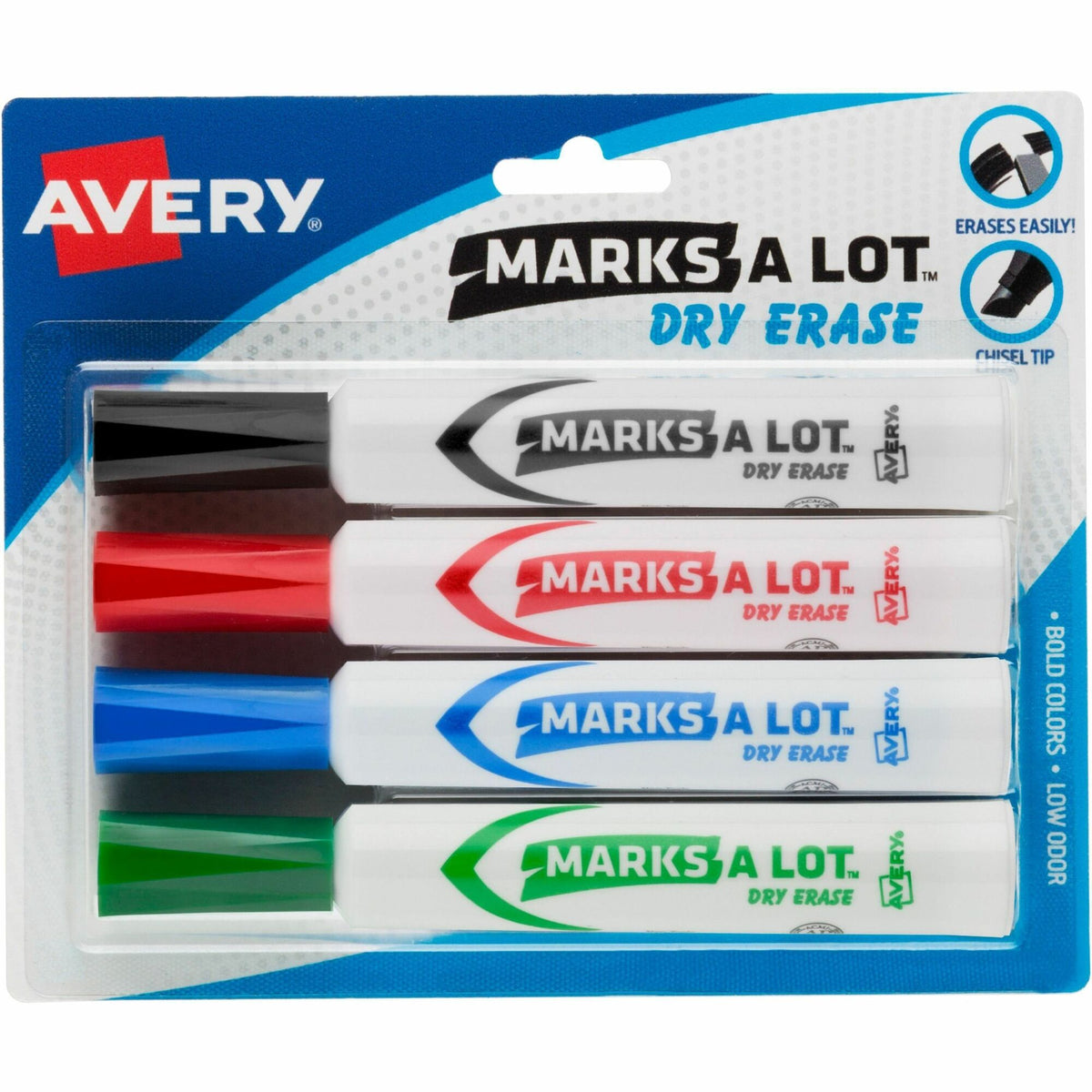 Avery®Marks A Lot Marks A Lot Desk-Style Dry-Erase Markers - Broad Chisel Marker Point - Erasable - Washable - Blue, Black, Red, Green Ink - 4 / Pack